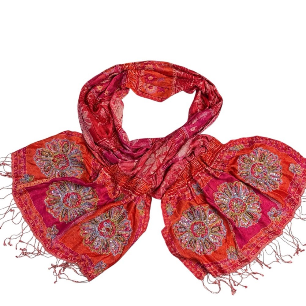 Kandahar Silk Linen Handwoven Beaded Sequin Embellished Colorful Fringe Scarf